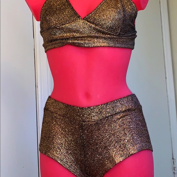 Gold Metallic Set Halter Top and Booty Shorts - Picture 3 of 4